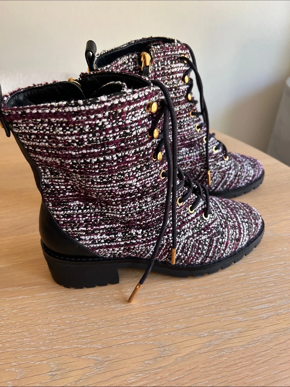 Tory Burch Miller Combat Tweed & Leather Lace Up Booties Burgundy/White 7.5 NWOT